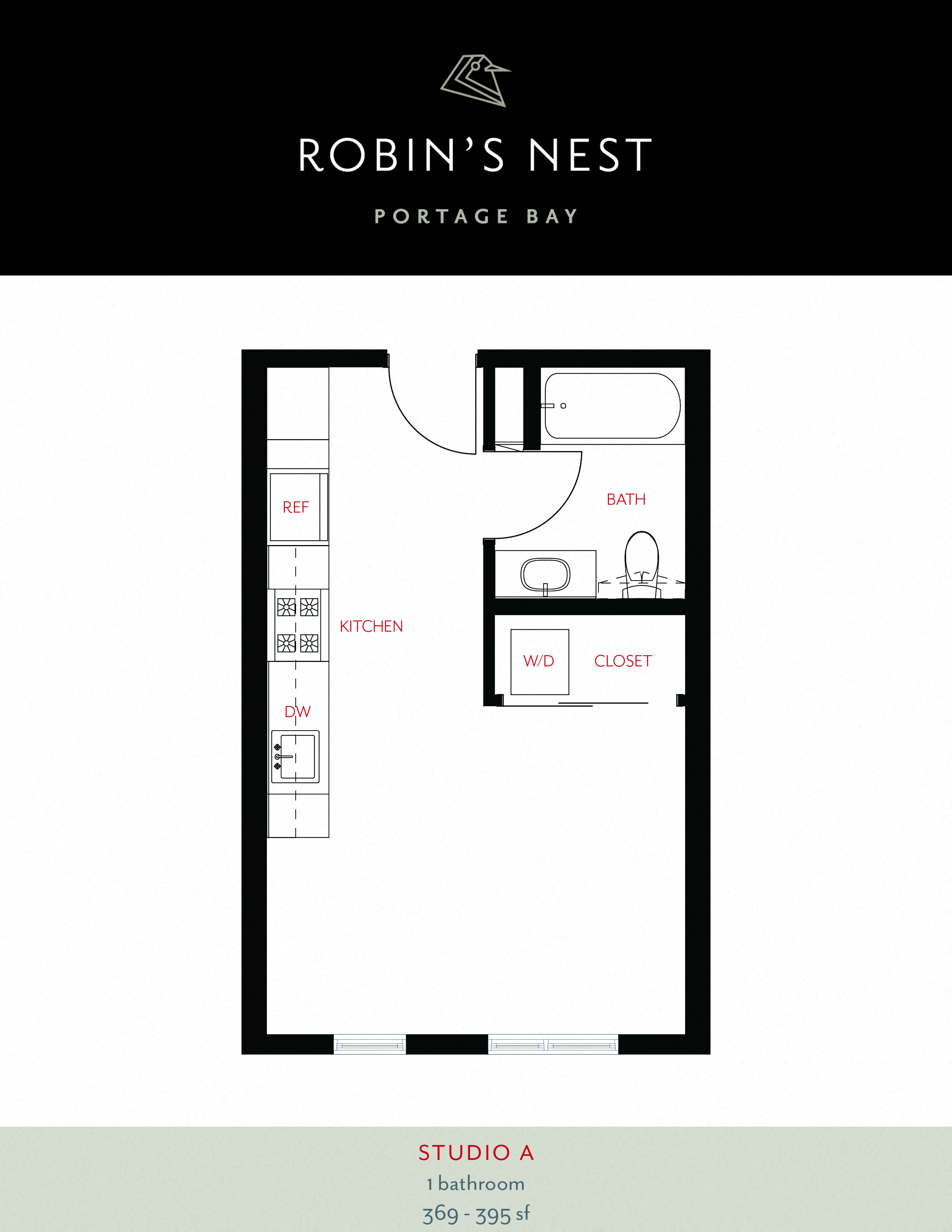 Floor plan for studio, 1 bath, 369 sqft